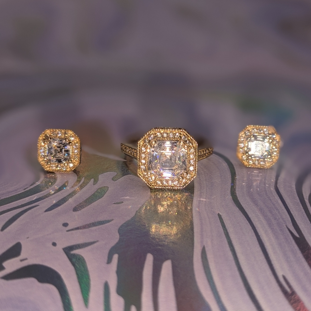 Sold 14k Yellow Gold Asher Cut CZ Ring And Stud Earrings Set Diamonique
